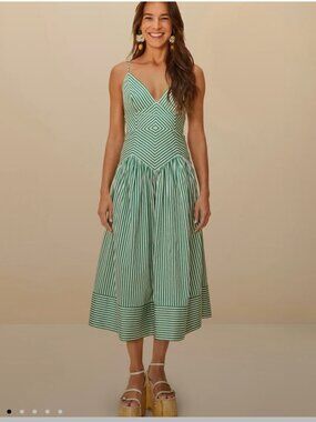 NWT FARM RIO Green Striped Midi Dress